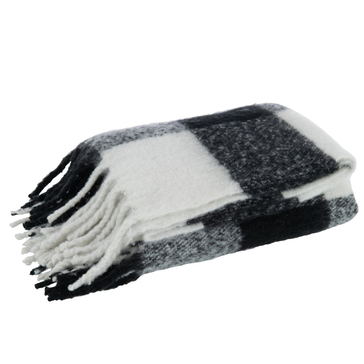 J-Line Plaid tegels - polyester - zwart/ wit - 152 x 127 cm