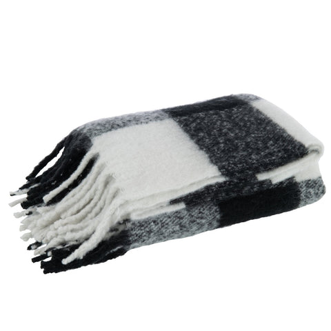 J-Line Plaid tegels - polyester - zwart/ wit - 152 x 127 cm