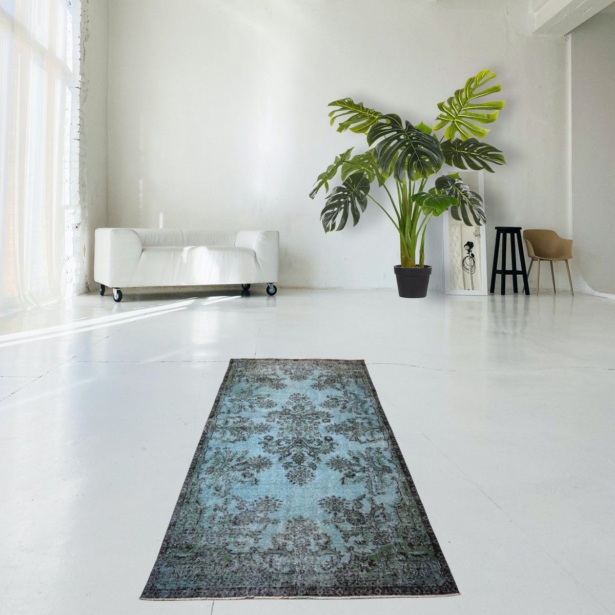 Blauw vintage vloerkleed - 216x114 cm - HANDGEMAAKT