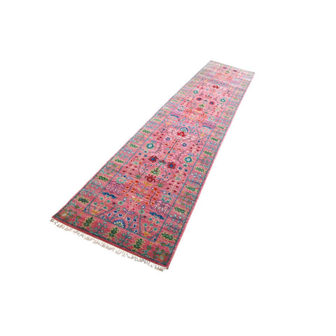 Roze Azeri Loper - 370x80 cm - HANDGEMAAKT