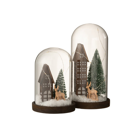 J-Line Stolp kerstdorp - glas - bruin & groen - 27 cm - LED lichtjes