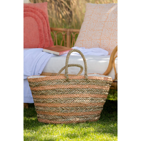 J-Line Strandtas Kort Handvatten Horizontale Strepen Jute Naturel/Licht Oranje