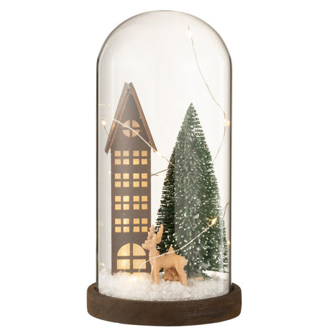 J-Line Stolp kerstdorp - glas - bruin & groen - 27 cm - LED lichtjes
