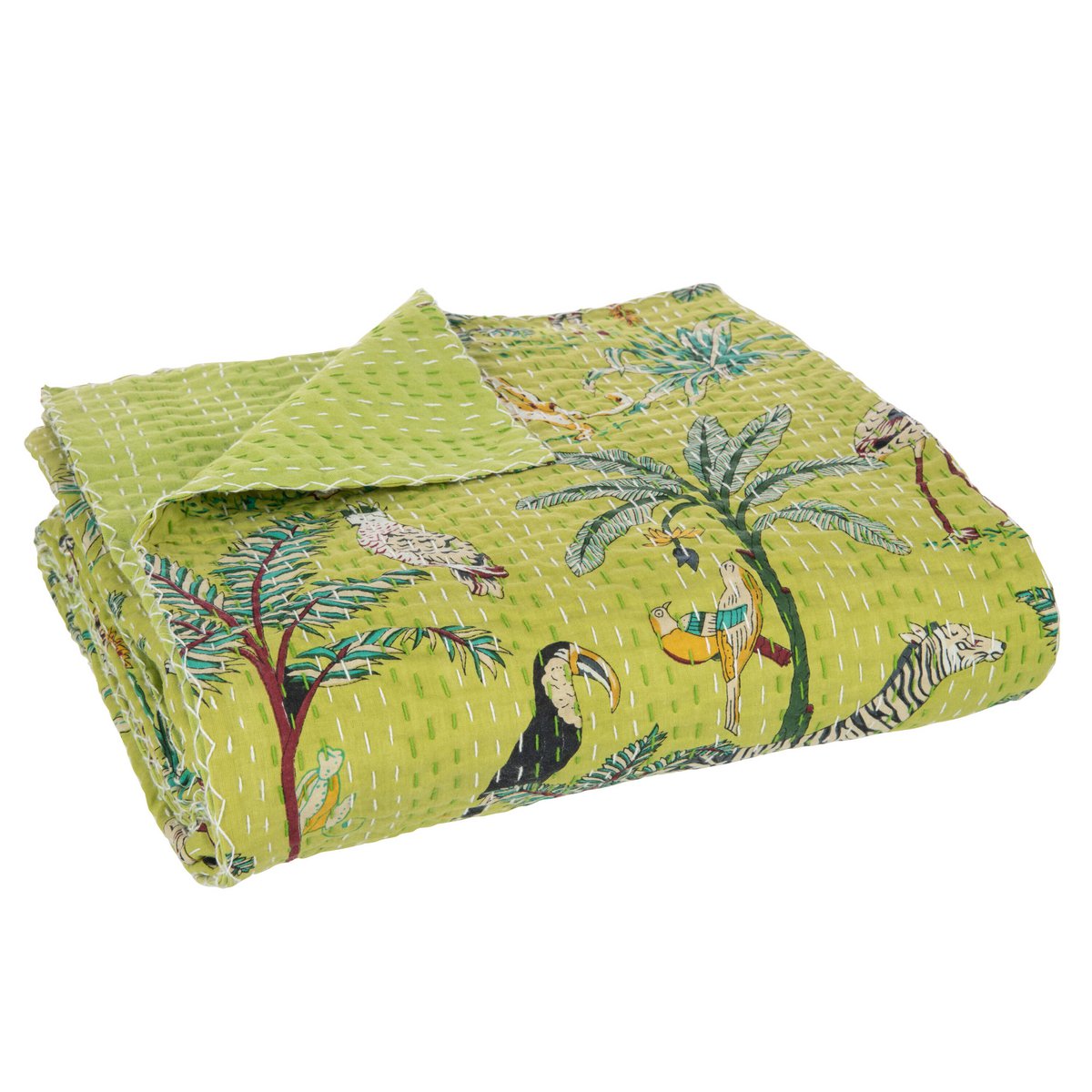 J-Line Plaid/Strand Mat Exotisch Dieren/Planten Hechtingen Katoen Groen Large