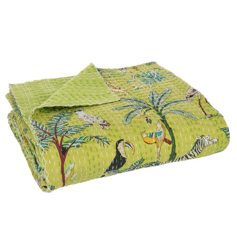 J-Line Plaid/Strand Mat Exotisch Dieren/Planten Hechtingen Katoen Groen Large