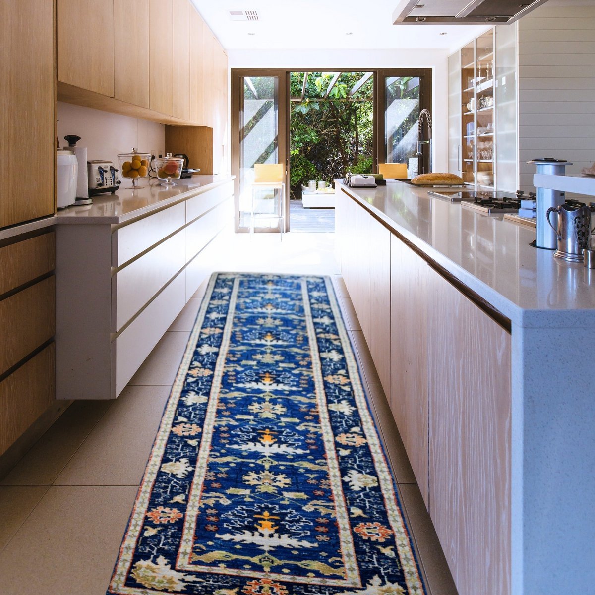 Blauwe Azeri loper - 375x80 cm - HANDGEMAAKT