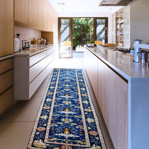 Blauwe Azeri loper - 375x80 cm - HANDGEMAAKT