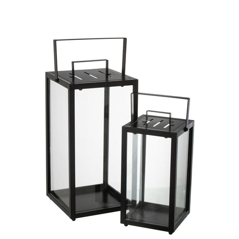 J-Line Set Van 2 Lantaarnen Rechthoekig Alo Ijzer/Glas Zwart