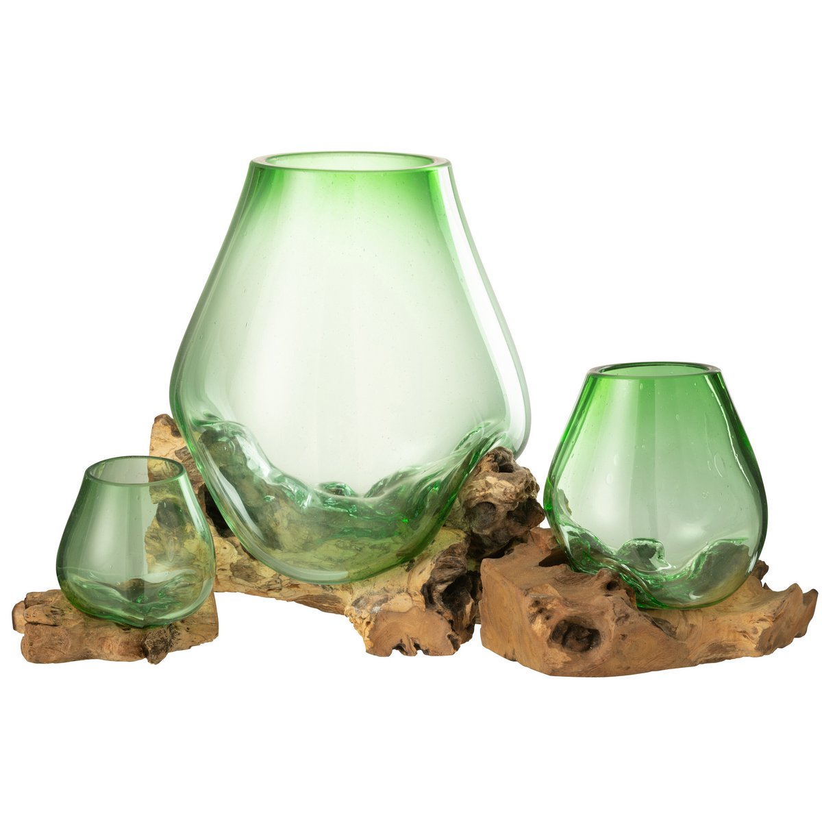 J-Line vaas Op Voet Gamal - hout/gerecycleerd glas - naturel/groen - L