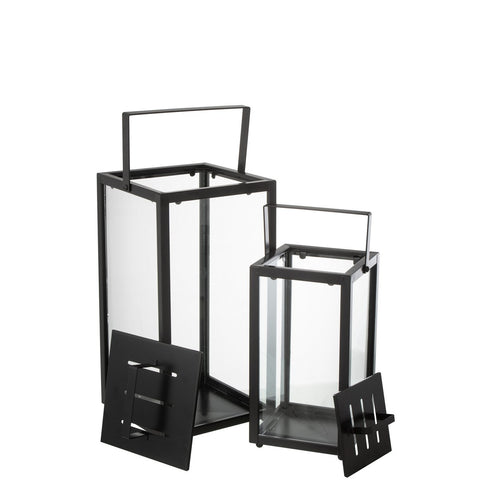 J-Line Set Van 2 Lantaarnen Rechthoekig Alo Ijzer/Glas Zwart