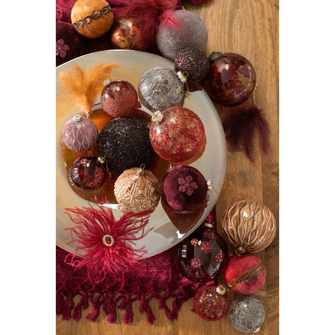 J-Line Doos Van 4 Kerstballen Bloemen Fluweel Glas Burgundy Large
