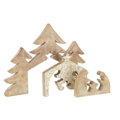 J-Line Puzzel Kerststal Mango Hout Glitter L