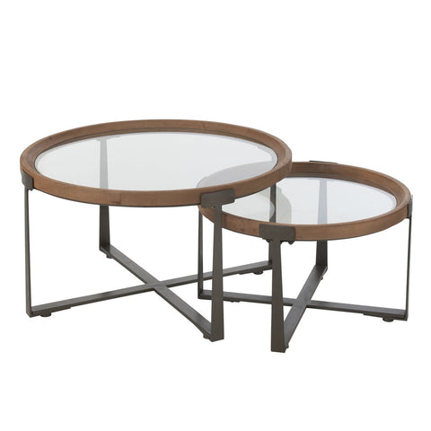J-Line Set Van 2 Salontafel Luki Glas/Spar Hout Naturel/Zwart