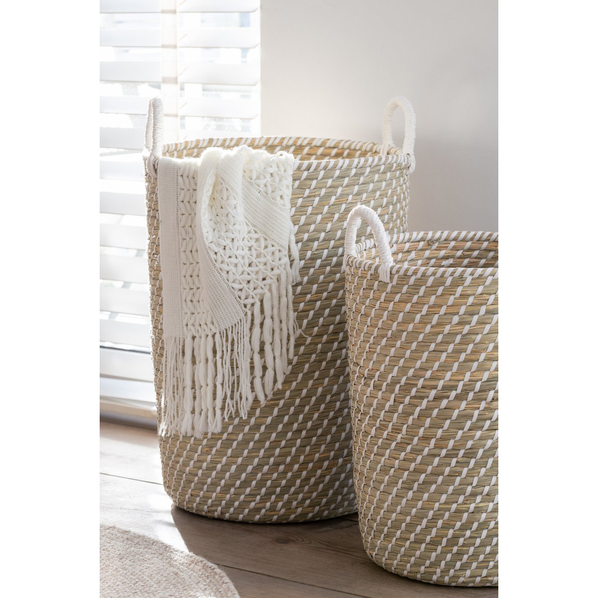 J-Line Set Van 2 Mand Rond Handvatten Stro Wit/Naturel