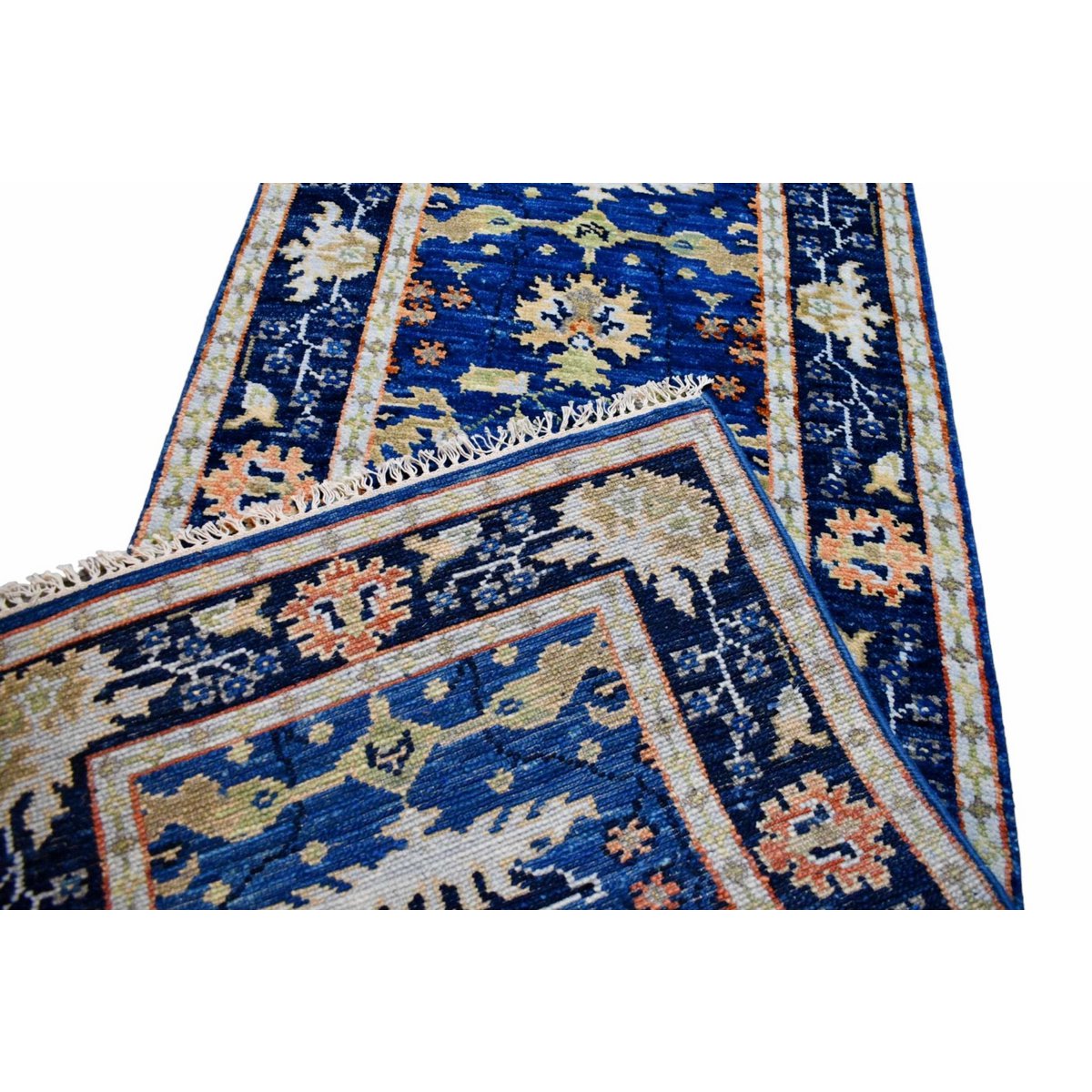 Blauwe Azeri loper - 375x80 cm - HANDGEMAAKT