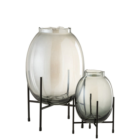 J-Line vaas Op Voet Rand Geribbeld - glas -grijsblauw/zwart - large