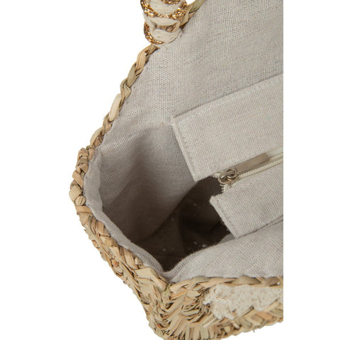J-Line Strandtas Rond+Kwast/Houten Kralen Zeegras/Kant Nat/Wit