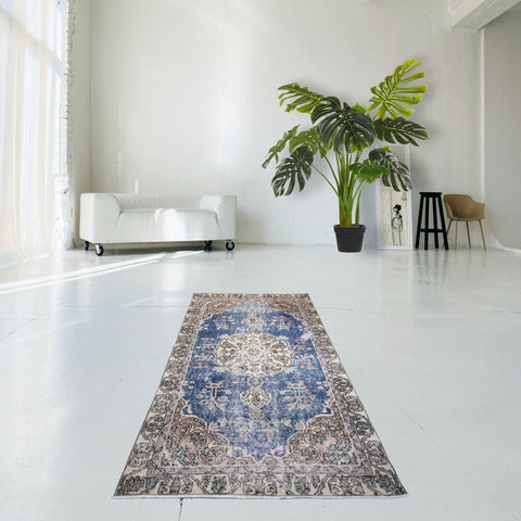 Beige blauw vintage vloerkleed - 190x109 cm - HANDGEMAAKT