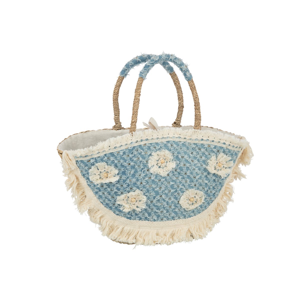 J-Line Strandtas Bloemen+Franjes Denim Zeegras Nat/Blauw