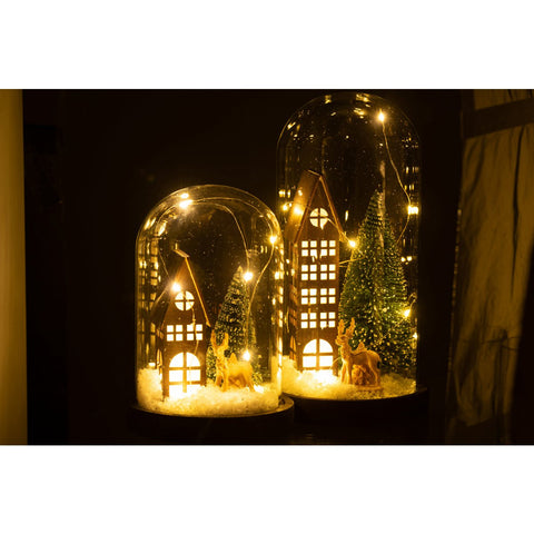 J-Line Stolp kerstdorp - glas - bruin & groen - 27 cm - LED lichtjes