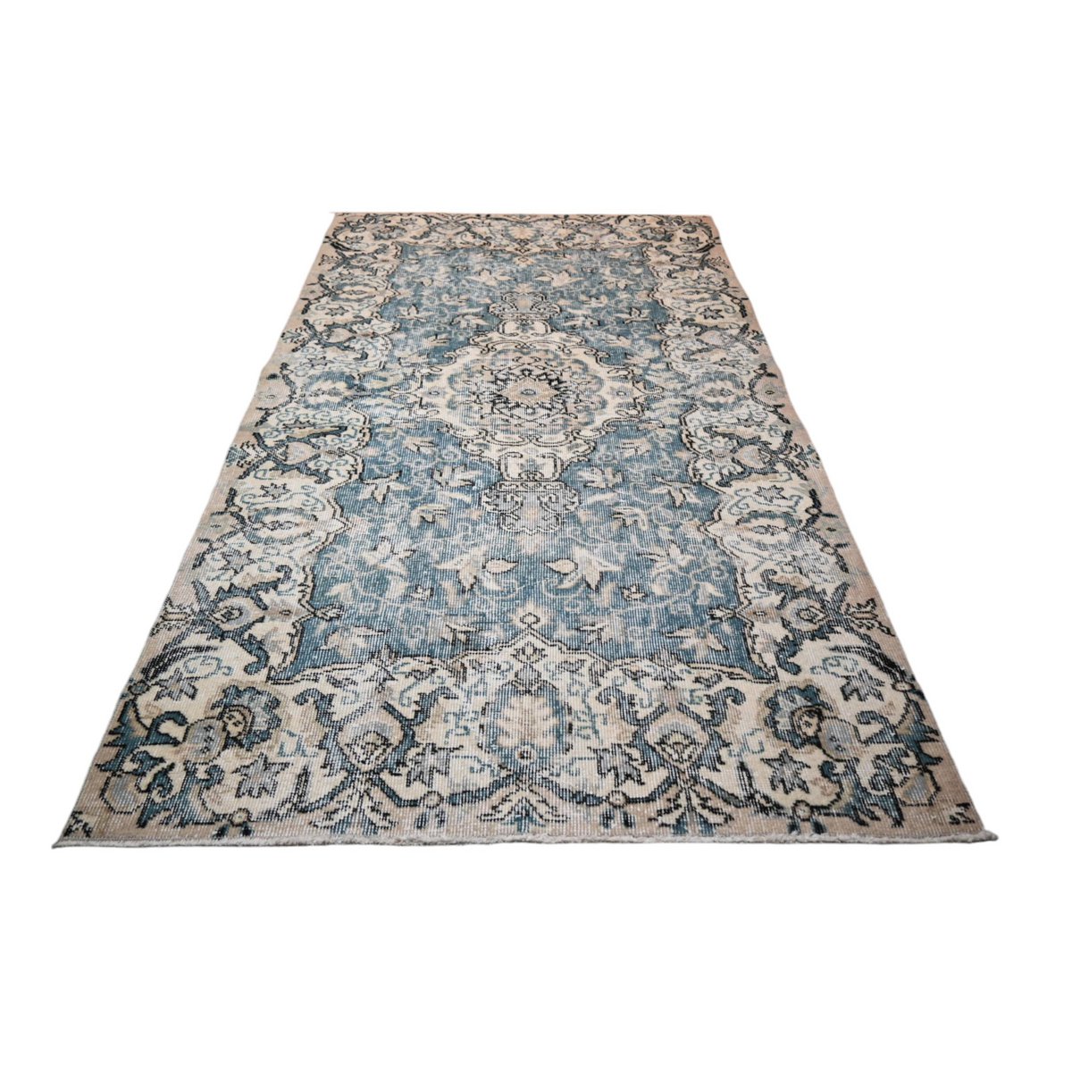 Beige blauw vintage vloerkleed - 203x114 cm - HANDGEMAAKT