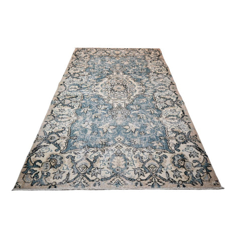 Beige blauw vintage vloerkleed - 203x114 cm - HANDGEMAAKT