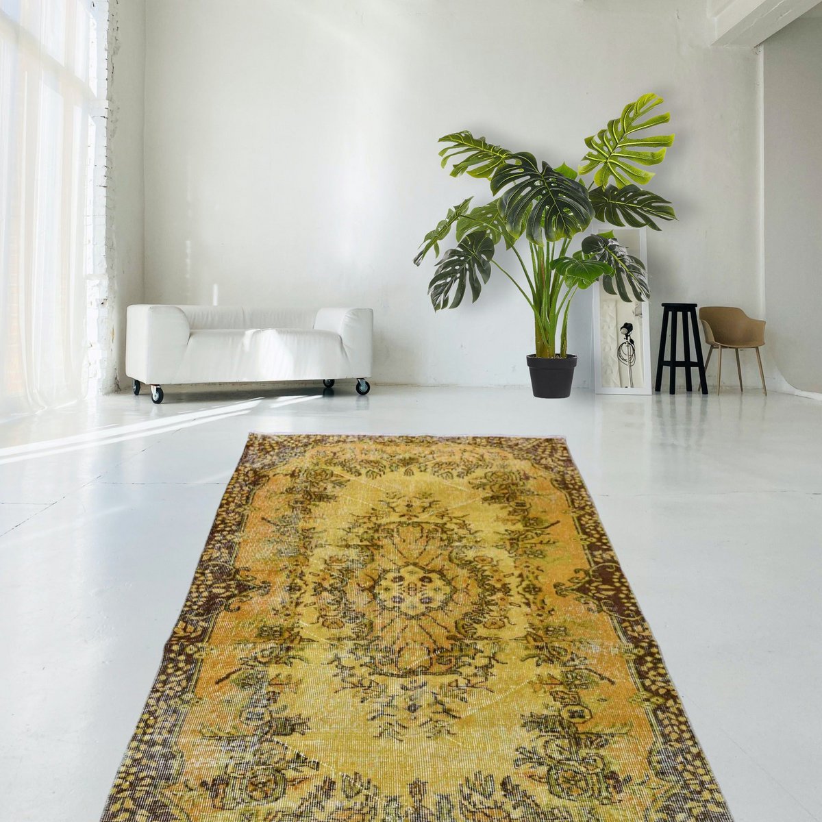 Geel vintage vloerkleed - 203x114 cm - HANDGEMAAKT