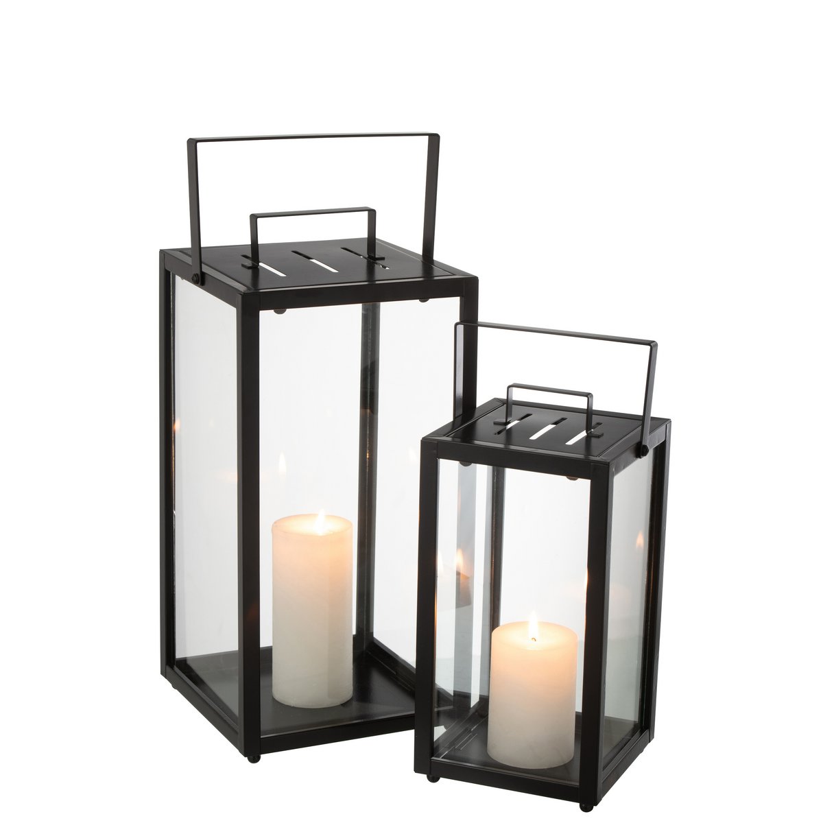 J-Line Set Van 2 Lantaarnen Rechthoekig Alo Ijzer/Glas Zwart