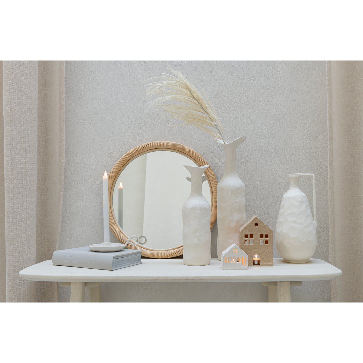 J-Line wandspiegel Rond Rotan/glas Naturel Medium