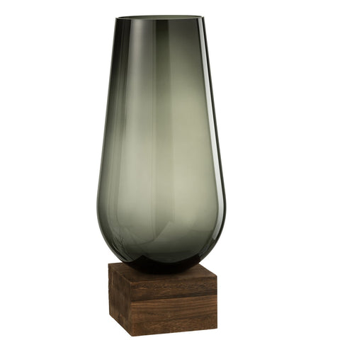 J-Line vaas Op Voet Eno - glas/hout - donkerbruin/grijs - large