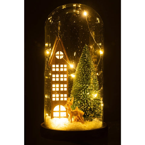 J-Line Stolp kerstdorp - glas - bruin & groen - 27 cm - LED lichtjes