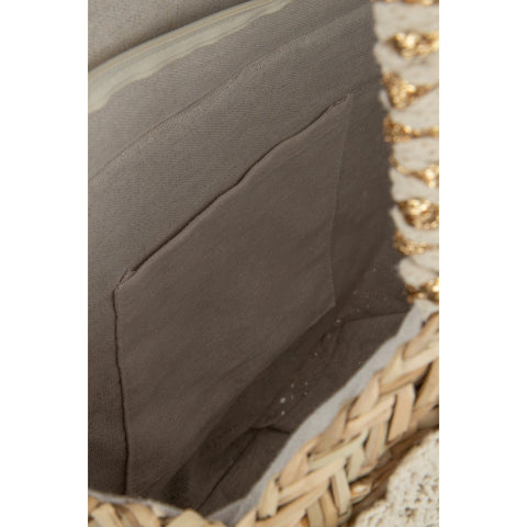 J-Line Strandtas Rond+Kwast/Houten Kralen Zeegras/Kant Nat/Wit