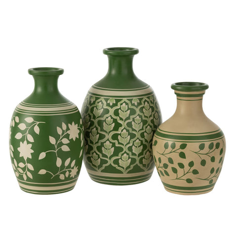 J-Line vaas Bloemen + Lijnen Terracotta - keramiek - groen/wit