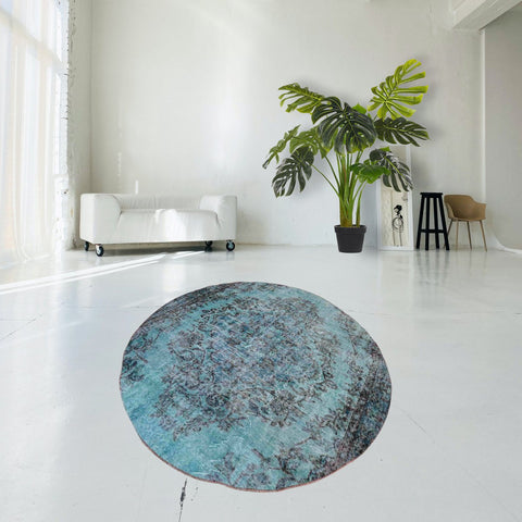 Rond Turquoise vintage vloerkleed - 167 cm - HANDGEMAAKT
