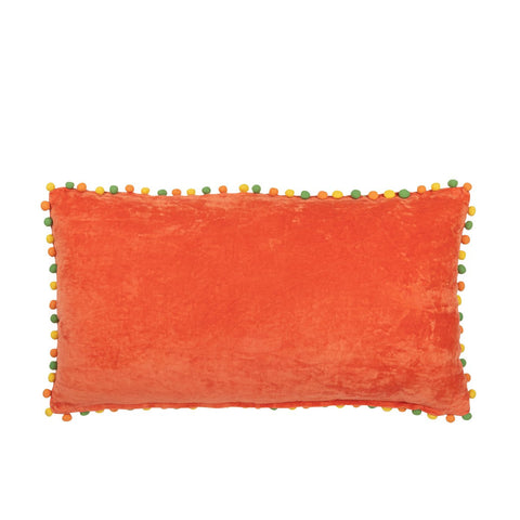 J-Line kussen Rechthoek Bloemen + Pompoms - fluweel - oranje