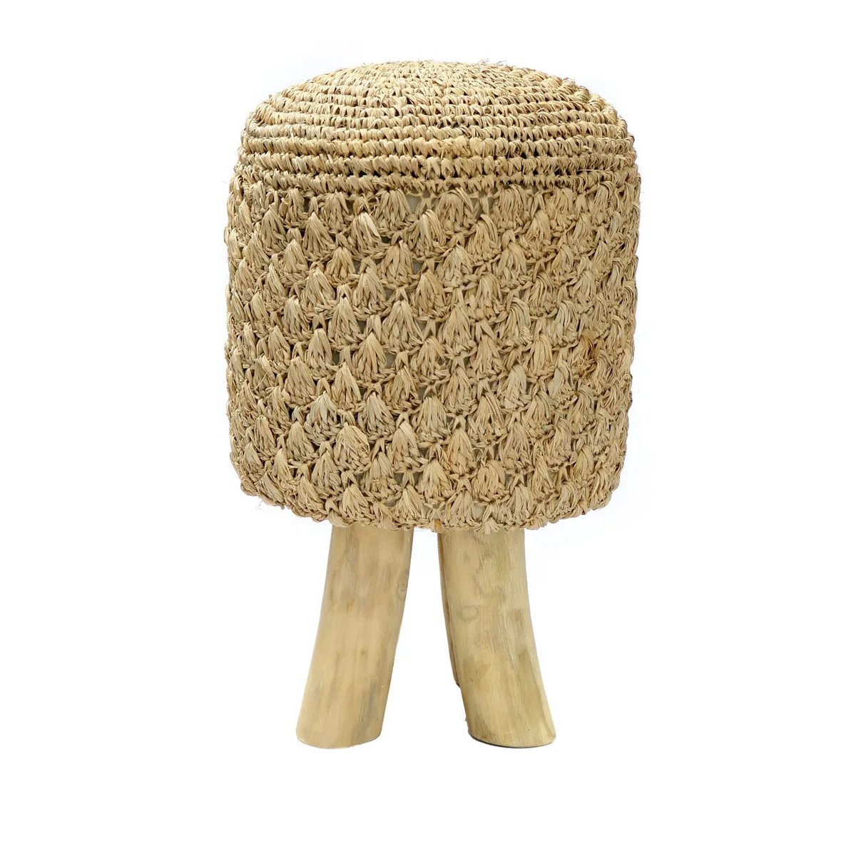 De met raffia beklede kruk