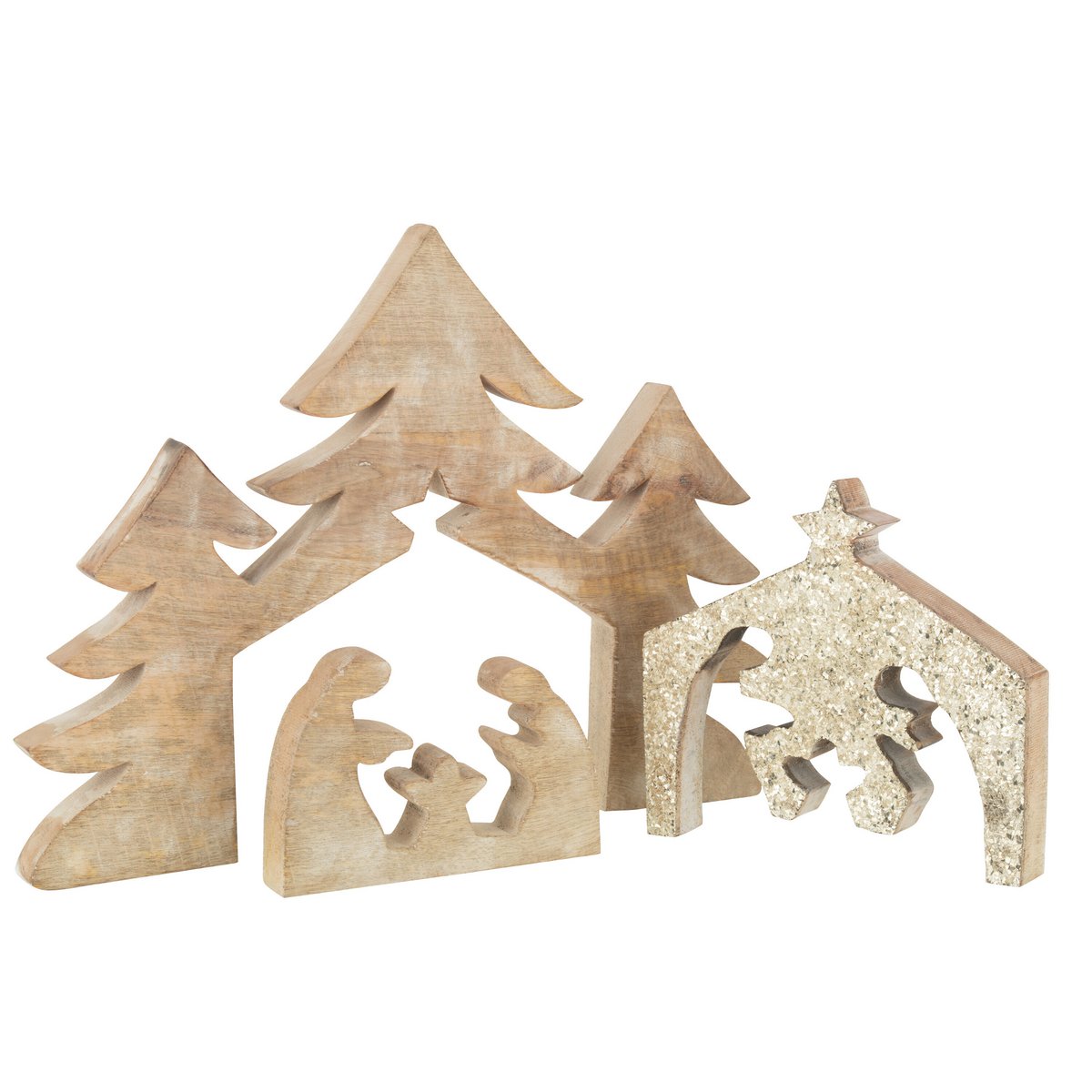 J-Line Puzzel Kerststal Mango Hout Glitter L