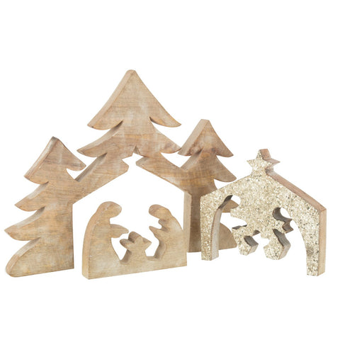 J-Line Puzzel Kerststal Mango Hout Glitter L