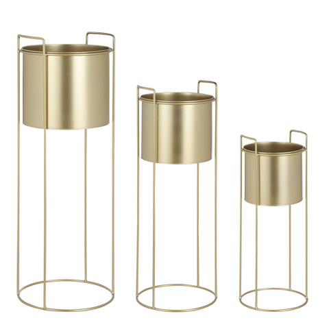 Favani Bloempot op Standaard - Set van 3 - H80 x Ø28 cm - Metaal - Goud