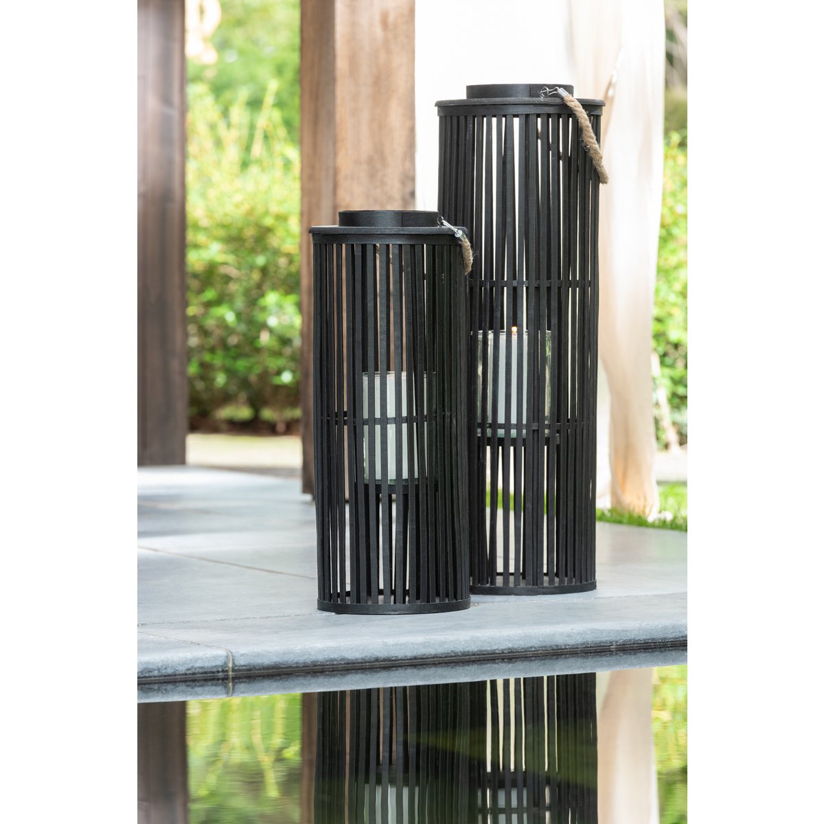 J-Line lantaarn Tube - bamboe - zwart - small