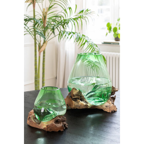 J-Line vaas Op Voet Gamal - hout/gerecycleerd glas - naturel/groen - L