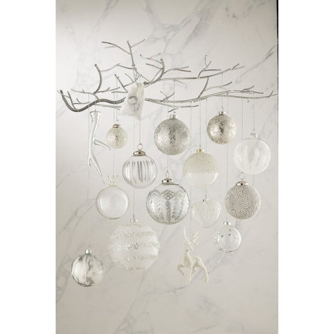 J-Line Doos Van 12 Kerstballen 4+4+4 Suiker Glas Mat Grijs/Mat Wit/Blinkend Zilver Small