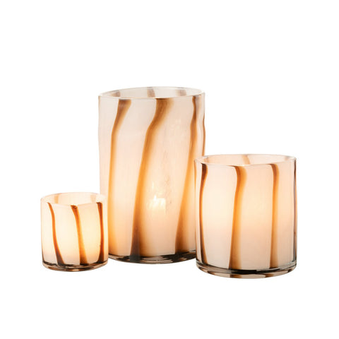 J-Line windlicht Strepen Safari - glas - wit/bruin - groot