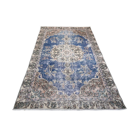 Beige blauw vintage vloerkleed - 190x109 cm - HANDGEMAAKT