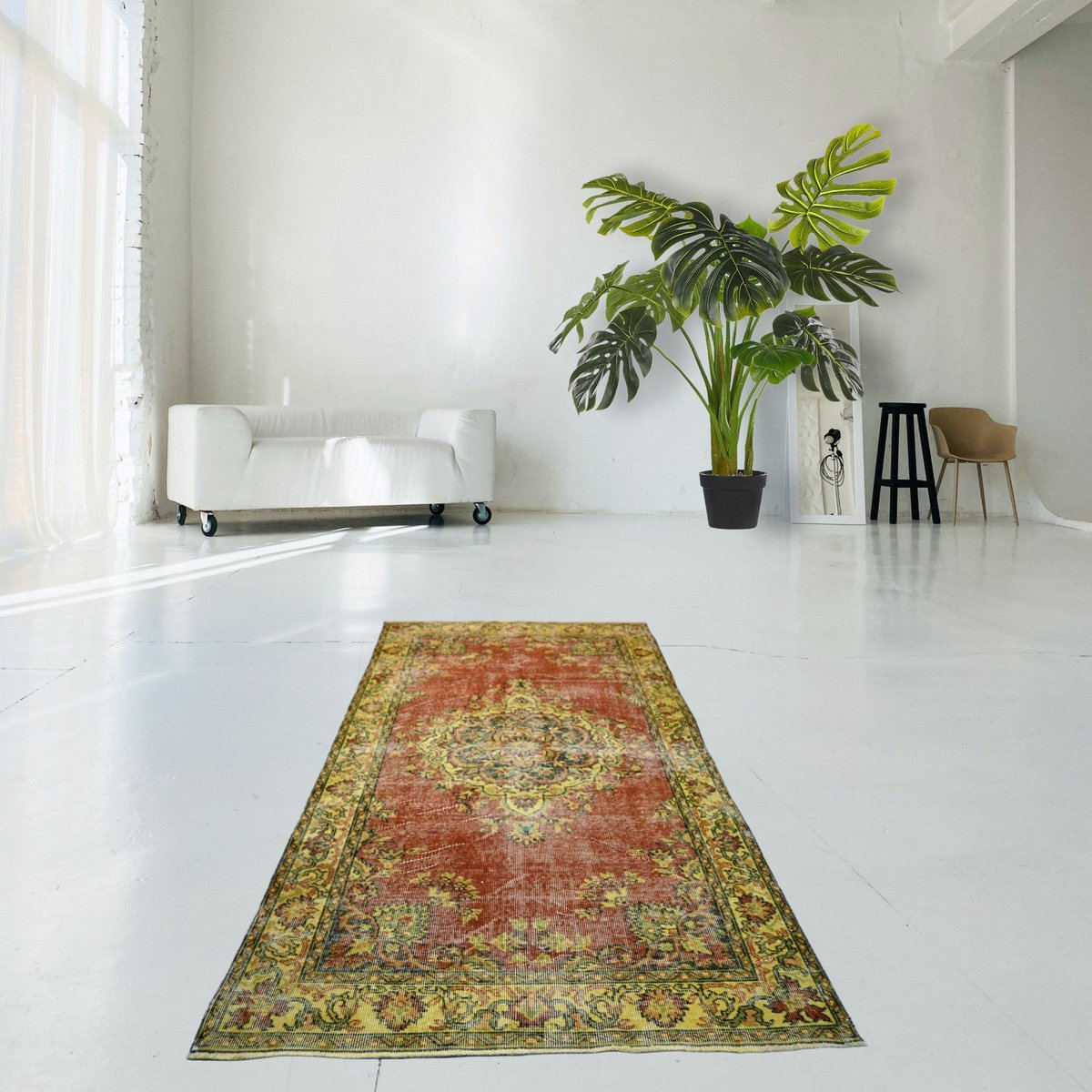 Geel vintage vloerkleed - 222x126 cm - HANDGEMAAKT
