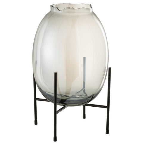 J-Line vaas Op Voet Rand Geribbeld - glas -grijsblauw/zwart - large