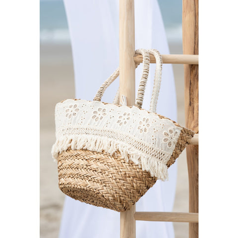 J-Line Strandtas Bloemen+Franjes Zeegras Nat/Creme