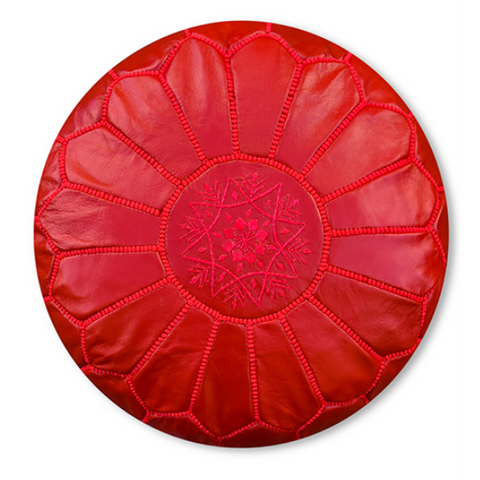 Leren poef - rood - gevuld geleverd