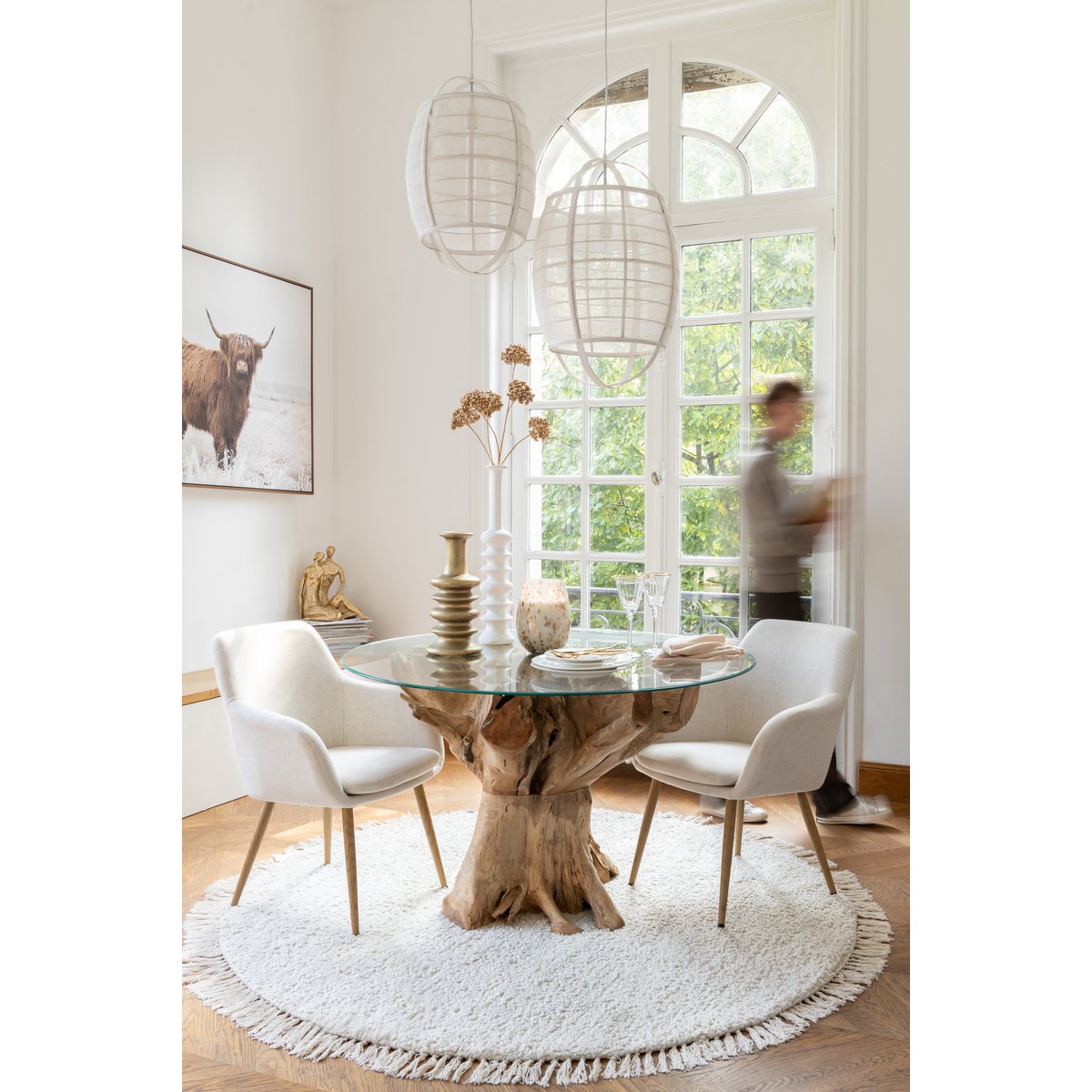 J-Line Hanglamp Ion Linnen/Bamboe Wit Small