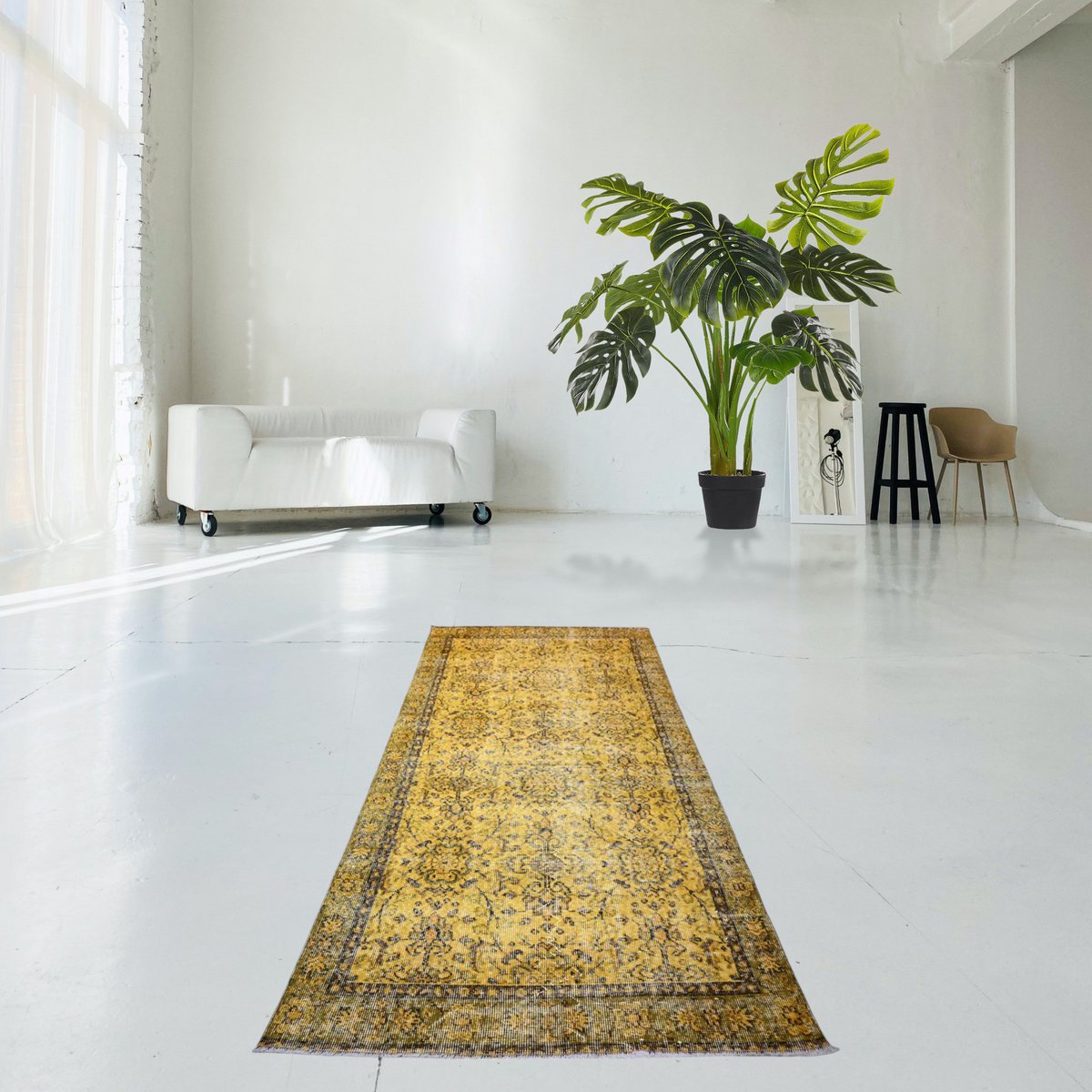 Geel vintage vloerkleed - 214x109 cm - HANDGEMAAKT